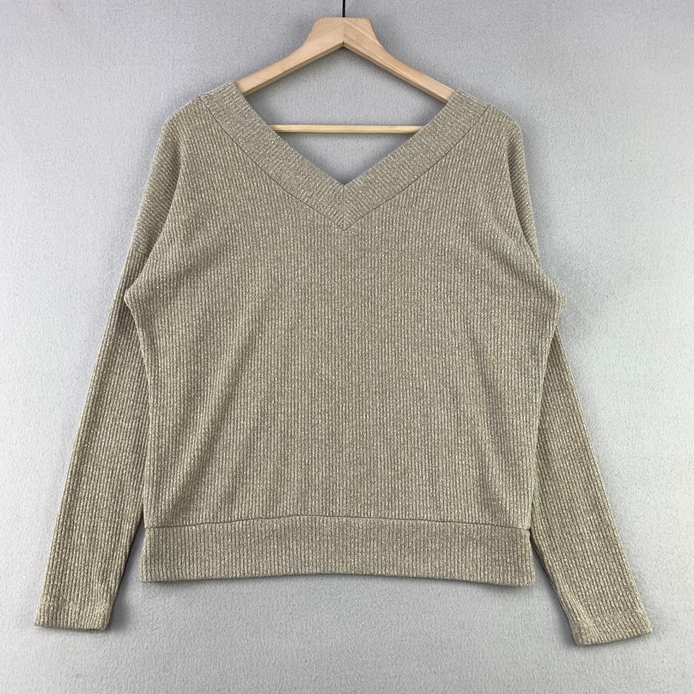 White‎ Birch V-Neck Ribbed Sweater Women S Beige Casual Long Sleeve Pullover